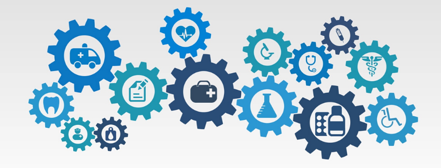 interconnected gears with health icons